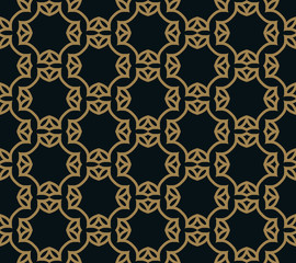 Seamless pattern of intersecting thin gold lines on black background. Abstract seamless ornament.