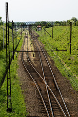 Fototapeta na wymiar Railway line for high-speed rail trains. Railway line and electric traction, which is located above the track.