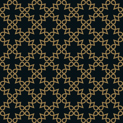 Seamless pattern of intersecting thin gold lines on black background. Abstract seamless ornament.