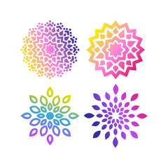 A set of bright mandalas with gradient of acid color. Circular ornaments in turquoise, pink, purple, blue, yellow, green colors. Yoga template.