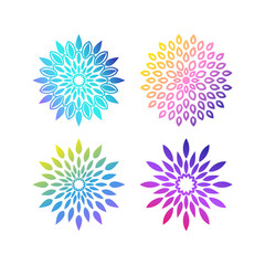 A set of bright mandalas with gradient of acid color. Circular ornaments in turquoise, pink, purple, blue, yellow, green colors. Yoga template.