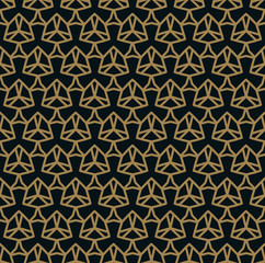 Seamless pattern of intersecting thin gold lines on black background. Abstract seamless ornament.