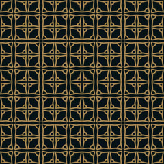 Seamless pattern of intersecting thin gold lines on black background. Abstract seamless ornament.