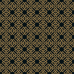 Seamless pattern of intersecting thin gold lines on black background. Abstract seamless ornament.