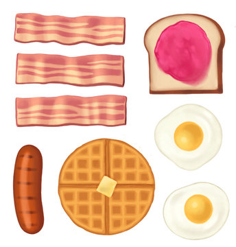 Individually arranged and isolated breakfast collection with bacon, fried eggs, sausage, toast with jam, and waffle