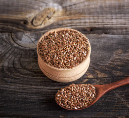 flax seeds in a wooden bowl and spoon