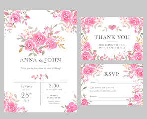 Fototapeta na wymiar Set of wedding invitation card templates with watercolor rose flowers.