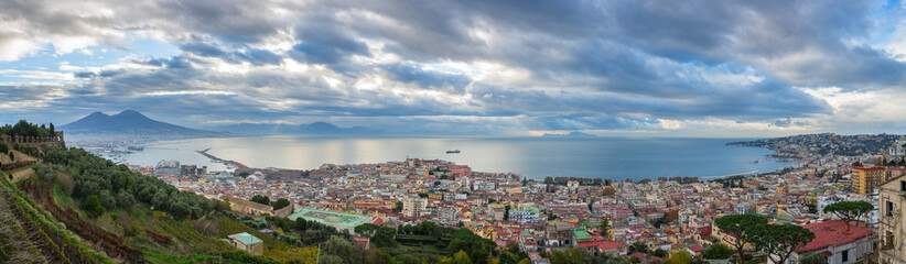 Panorama of Naples, view of the Gulf of Naples and Mount Vesuvius, province of Campania, Italy.