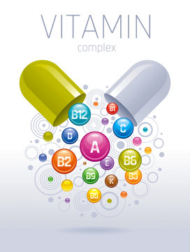 Medical vitamin, mineral background. Multivitamin complex of pill capsule, color vitamins bubbles moving down with names for dietary supplement and healthy lifestyle.