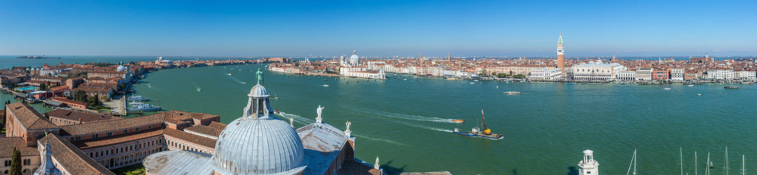Beautiful panorama of Venice seen from the bell tower of Cathedral San Giorgio Maggiore, Italy