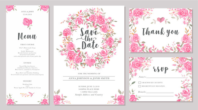 Set of wedding invitation card templates with watercolor rose flowers.