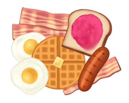 Hearty plate of stylized breakfast foods with bacon, fried eggs, sausage, toast with jam, and waffle