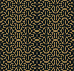 Seamless pattern of intersecting thin gold lines on black background. Abstract seamless ornament.