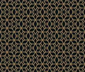 Seamless pattern of intersecting thin gold lines on black background. Abstract seamless ornament.