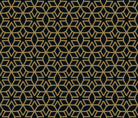 Seamless pattern of intersecting thin gold lines on black background. Abstract seamless ornament.