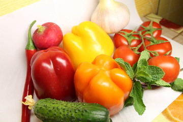 Large collection fruits and vegetables. Healthy foods. Top view