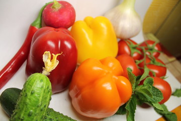 Large collection fruits and vegetables. Healthy foods. Top view