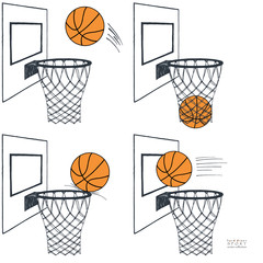 Basket ball action set graphic vector illustration. Backboard, hoop, ring, net, kit. Hand drawn color sketch. On white background