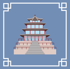 Dekorativer Rahmen mit traditioneller Gyeongbokgung-Gebäudeikone Südkoreas über blauem Hintergrund, buntes Design. Vektor-Illustration © djvstock