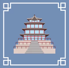 Dekorativer Rahmen mit traditioneller Gyeongbokgung-Gebäudeikone Südkoreas über blauem Hintergrund, buntes Design. Vektor-Illustration © djvstock