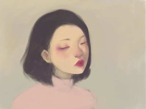 Color pencil drawing of thoughtful Asian girl looking down with tilted chin, wearing vintage pink turtleneck sweater on tan background