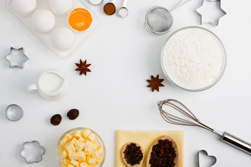 Cooking baking flat lay background with eggs butter kitchen tools