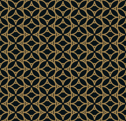Seamless pattern of intersecting thin gold lines on black background. Abstract seamless ornament.