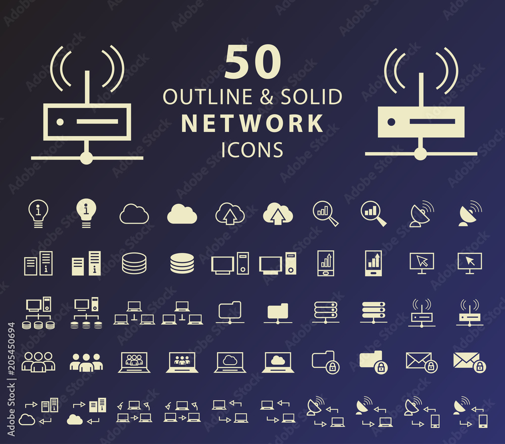 Poster set of 50 outline and solid network icons on dark background . isolated vector elements
