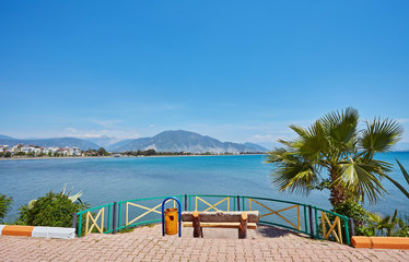 Quay with benches and tables in Finike, province of Antalya.