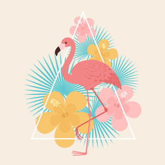 Flamingo with tropical flowers and leaves