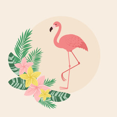Flamingo with tropical flowers and leaves