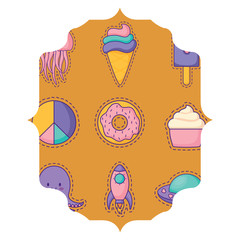 arabic frame with donuts and ice creams pattern over white background, colorful design. vector illustration