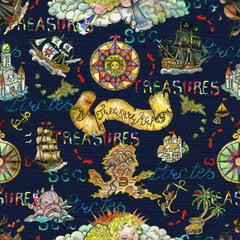 Seamless background with old sailboats, mythological creatures, nautical symbols on blue. Pirate adventures, treasure hunt and old transportation concept. 