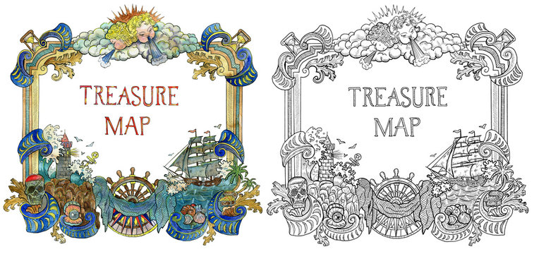 Colorful and monochrome nautical frames with marine and pirate symbols isolated on white. Pirate adventures, treasure hunt and old transportation concept. 