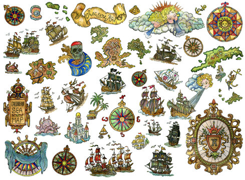 Set With Nautical Icons Isolated On White. Pirate Adventures, Treasure Hunt And Old Transportation Concept. Hand Drawn Colorful Illustration, Vintage Collection