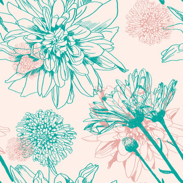 Vector Seamless Pattern with Chrysanthemums