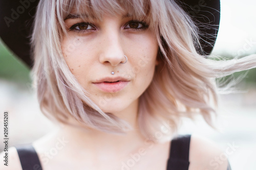 Close Up Portrait Of Beautiful Hipster Girl With Stylish Blonde