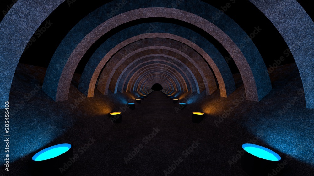 Poster a concrete corridor template with lighting for use as a background for your design. 3d rendering.
