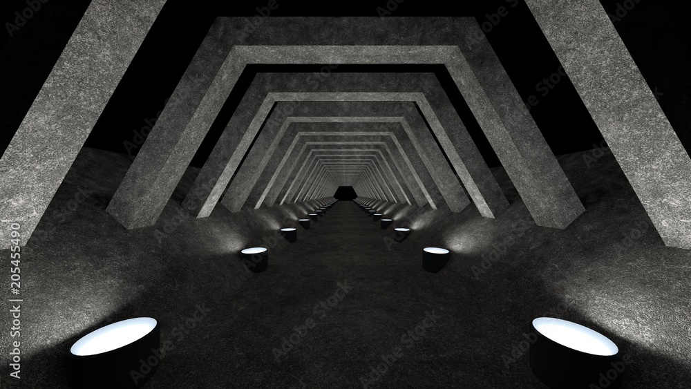 Poster a concrete corridor template with lighting for use as a background for your design. 3d rendering.