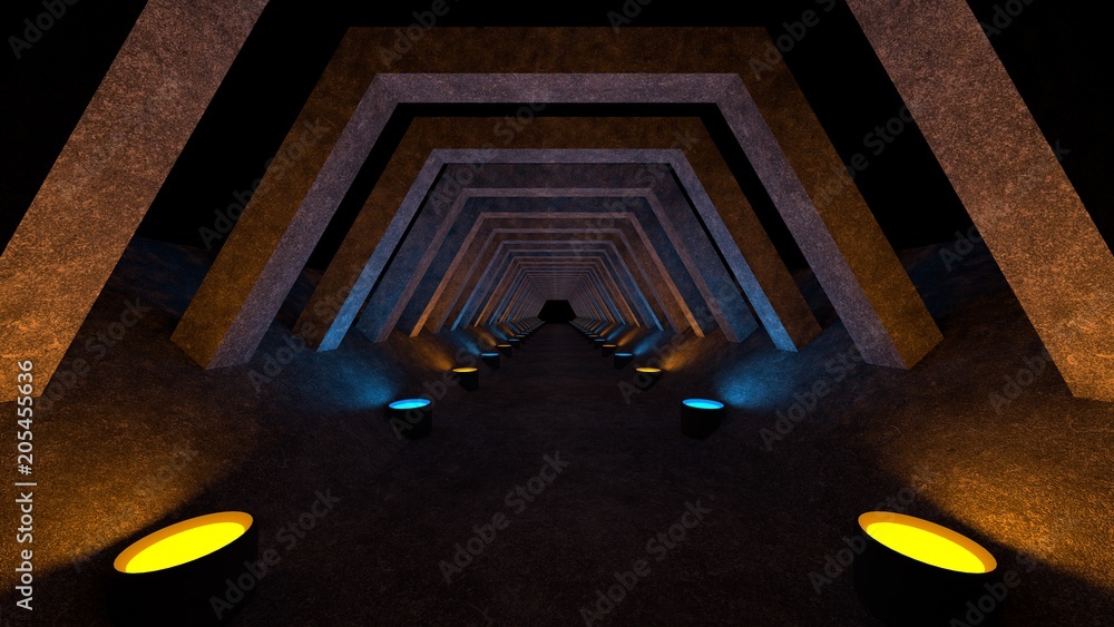 Aufkleber a concrete corridor template with lighting for use as a background for your design. 3d rendering.