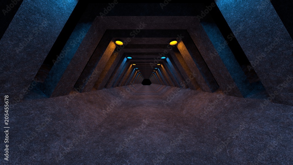 Poster a concrete corridor template with lighting for use as a background for your design. 3d rendering.