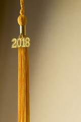 Class of 2018. Gold tassel drop graduation gown accessory and keepsake charm with side lighting. Iconic symbol of a graduate's academic and life success. Portrait/upright orientation with copy space.