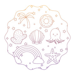 circular frame with cute octopus and related icons pattern over white background, vector illustration