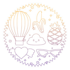 seal stamp with kawaii clouds and fruits pattern over white background, vector illustration