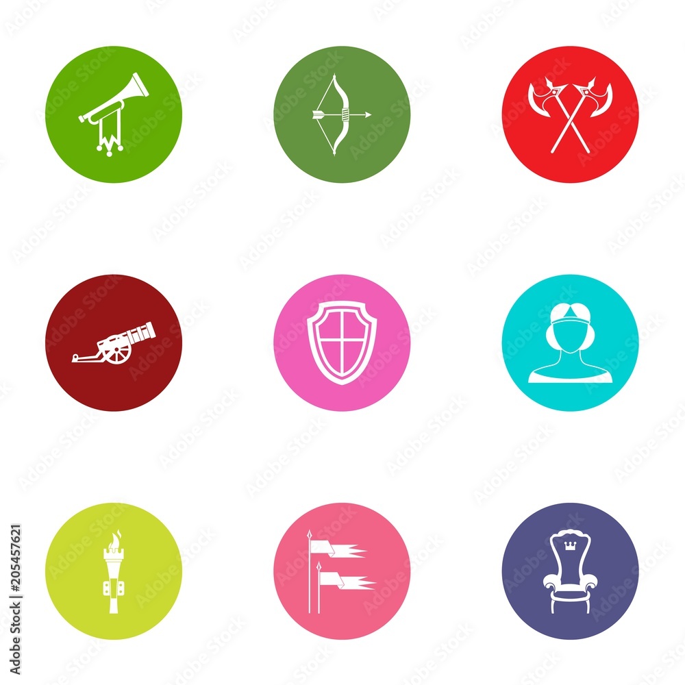 Poster medieval period icons set. flat set of 9 medieval period vector icons for web isolated on white back