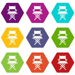 Director chair icons 9 set coloful isolated on white for web