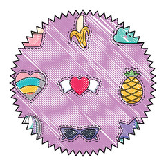 seal stamp with fruits and heart pattern over white background, vector illustration