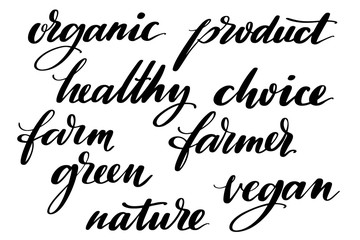 Set of healthy organic farming words. Hand drawn creative calligraphy and brush pen lettering, design for holiday greeting cards and invitations.
