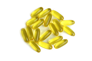 Fish oil capsules, omega 3 on a white background