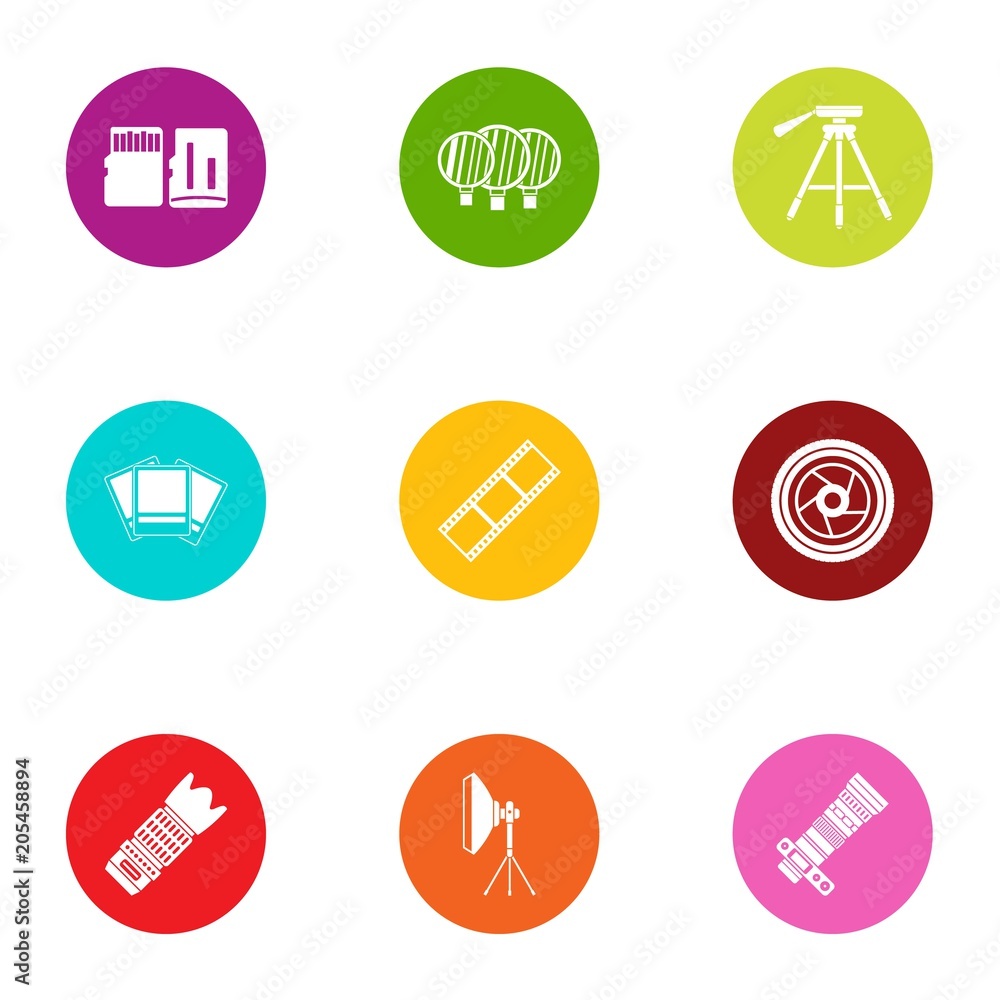 Poster photo report icons set. flat set of 9 photo report vector icons for web isolated on white background